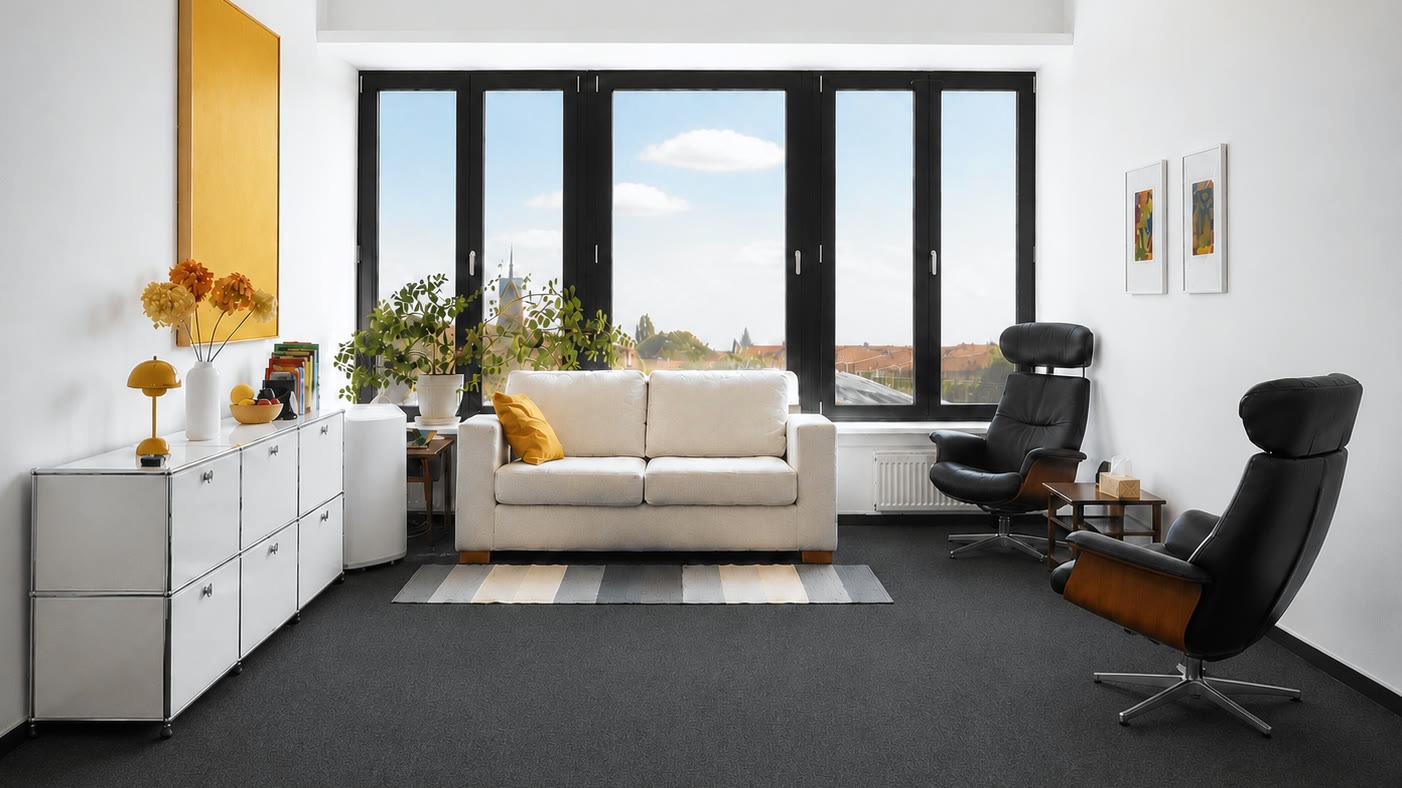 Der Praxisraum: helles Sofa, Fensterfront mit Blick über die Dächer, zwei Sessel